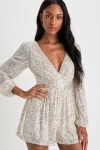 Lulus Watch Me Shine Champagne Sequin Plunge Long Sleeve Romper In Champagne