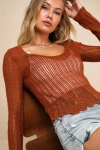 Lulus Weekend Layers Rust Brown Loose Crochet Knit Sweater Top In Rust Brown