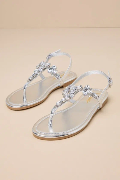 Lulus Westan Silver Metallic Rhinestone T-strap Sandals