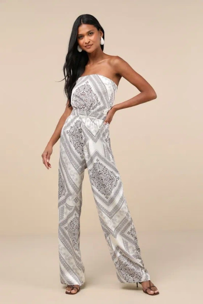 Lulus Western Direction Ivory Scarf Print Satin Strapless Jumpsuit