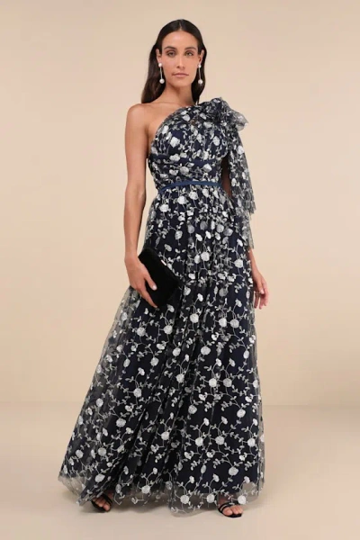 Lulus Whimsical Allure Navy Mesh Embroidered One-shoulder Maxi Dress