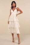 Lulus Whimsical Aura Champagne Embroidered Ruffled Lace-up Maxi Dress In Champagne