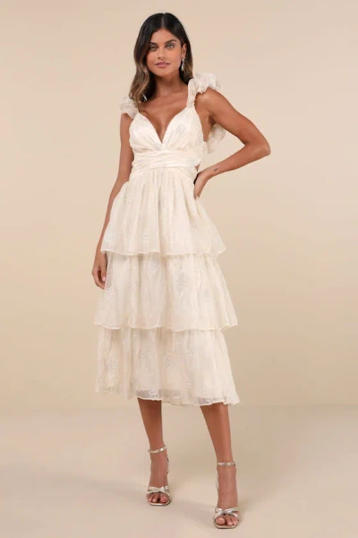 Lulus Whimsical Aura Champagne Embroidered Ruffled Lace-up Maxi Dress