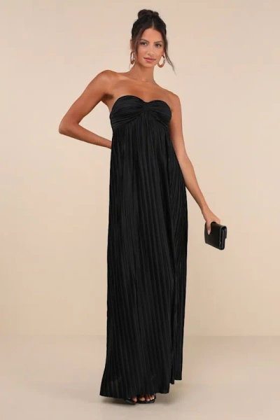 Lulus Whimsical Beauty Black Satin Plisse Strapless Maxi Dress
