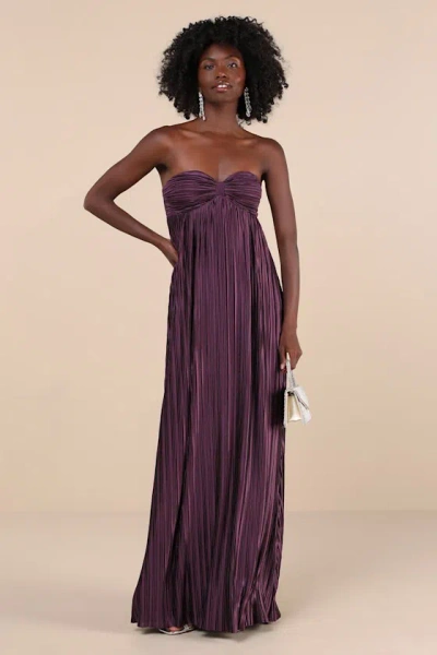 Lulus Whimsical Beauty Dark Purple Satin Plisse Strapless Maxi Dress