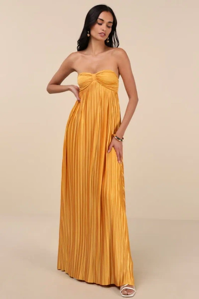 Lulus Whimsical Beauty Golden Yellow Satin Plisse Strapless Maxi Dress