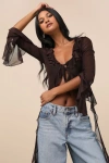 Lulus Whimsical Essence Dark Brown Ruffled Tie-front Bell Sleeve Top In Brown