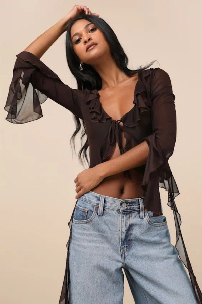 Lulus Whimsical Essence Dark Brown Ruffled Tie-front Bell Sleeve Top