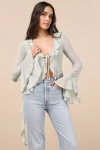 Lulus Whimsical Essence Mint Blue Ruffled Tie-front Bell Sleeve Top In Mint Blue