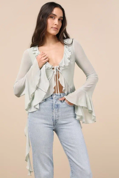 Lulus Whimsical Essence Mint Blue Ruffled Tie-front Bell Sleeve Top