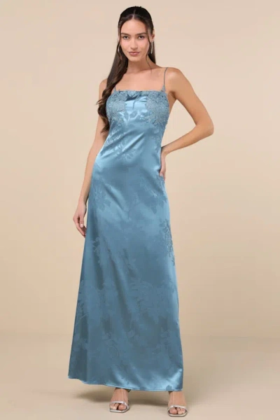 Lulus Whimsical Radiance Blue Satin Embroidered Maxi Dress