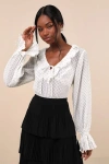 Lulus Whimsical Sweetie Ivory Polka Dot Sheer Plisse Ruffled Top In Ivory