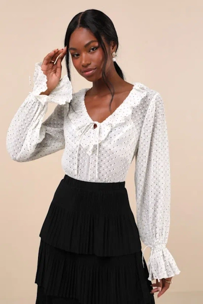 Lulus Whimsical Sweetie Ivory Polka Dot Sheer Plisse Ruffled Top