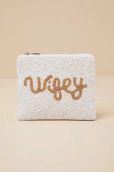 Lulus Wifey White And Gold Beaded Zipper Pouch