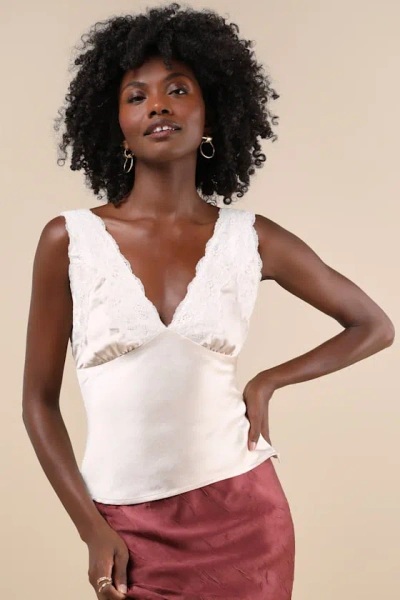 Lulus Wildly Perfect Champagne Satin Lace V-neck Tank Top