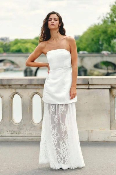 Lulus Winslet White Satin Sheer Hem Strapless Maxi Dress