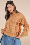 Lulus Wintertime Fave Tan Fringe Cable Knit Sweater In Tan