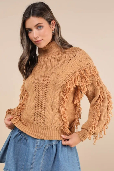 Lulus Wintertime Fave Tan Fringe Cable Knit Sweater