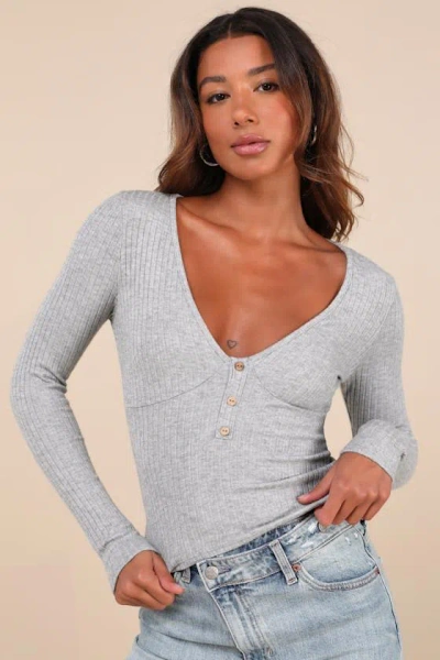 Lulus Wintery Aesthetic Heather Grey Ribbed Long Sleeve Henley Top