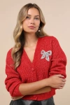 Lulus Wintery Sparkle Heather Red Rhinestone Bow Cardigan In Red