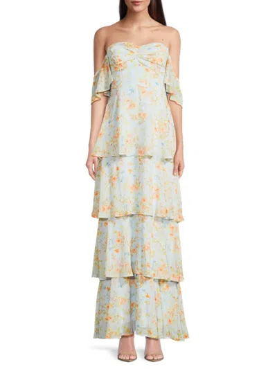 Lulus Women's Charming Passion Floral Off-shoulder Maxi Dress In Blue Multi