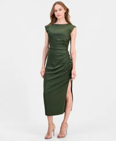Lulus Women's Felicity Ruched Satin Side Slit Midi Dress In Military