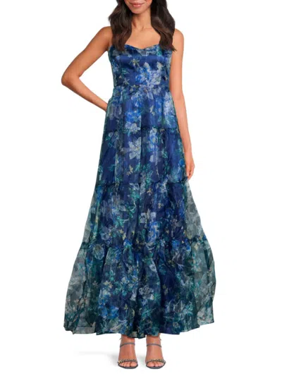 Lulus Women's Floral Organza Tiered Gown In Blue