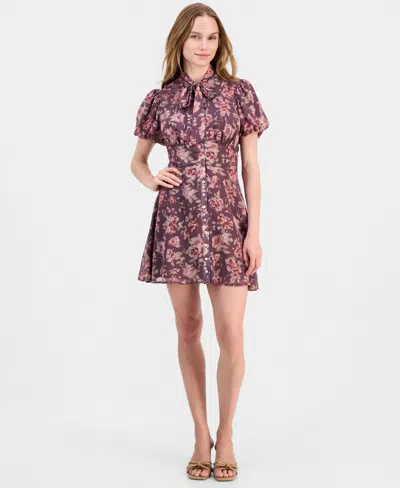 Lulus Women's Jonni Puff-sleeve Floral-print Tie-front Mini Dress In Choc Multi