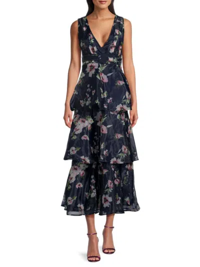 Lulus Molinetto Navy Blue Floral Organza Ruffled Tiered Maxi Dress In Blue Multi