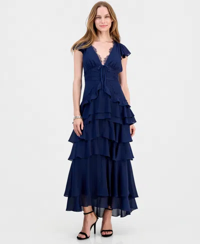 Lulus Women's Sai V-neck Short-sleeve Tiered Midi Dress In Navy