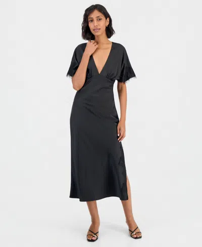 Lulus Women's Tallulah Lace-trim Flutter-sleeve V-neck Midi Dress In Black