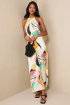 Lulus Wonderful Bliss Beige Multi Abstract Print Backless Maxi Dress In Beige