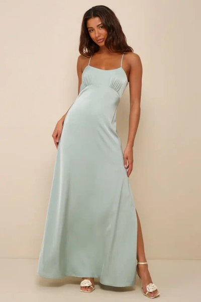 Lulus Wonderful Essence Sage Green Satin Backless Maxi Dress