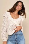 Shop Lulus Wonderful Perfection Beige Pointelle Ruffled Lace Sweater