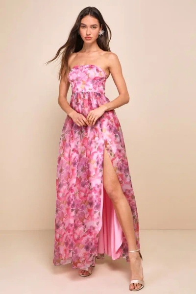 Lulus Wonderful Waltz Pink Floral Print Strapless Bustier Maxi Dress