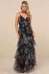 Lulus Wonderfully Perfect Black Floral Mesh Tiered Maxi Dress In Black