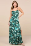 Lulus Sincerely Romantic Green Floral Satin Tie-back Maxi Dress In Green