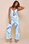 Lulus Wondrous Charm Blue Multi Print Linen Split Hem Pants In Blue