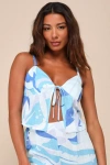 Lulus Wondrous Charm Blue Multi Print Linen Tie-front Crop Top In Blue