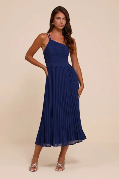 Lulus Wondrous Muse Dark Blue Pleated One-shoulder Midi Dress