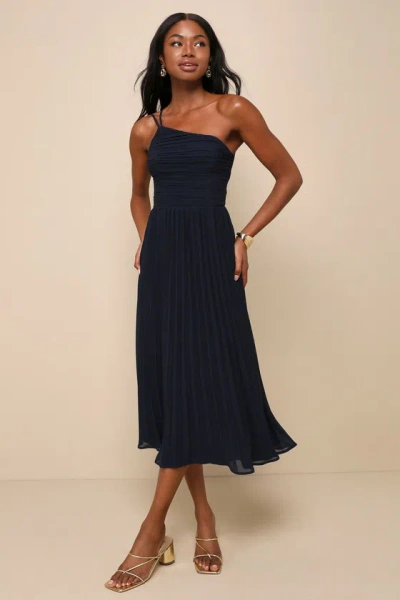 Lulus Wondrous Muse Navy Blue Pleated One-shoulder Midi Dress