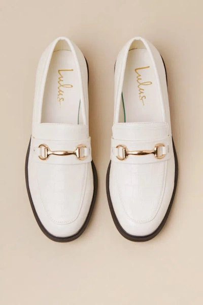 Lulus Wrenlie Cream Croc-embossed Horsebit Loafer Flats In White