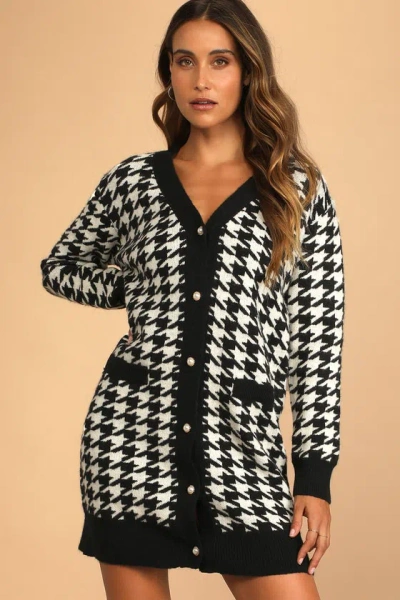Lulus X Lush Truly Iconic Black And White Houndstooth Cardigan Sweater Dress