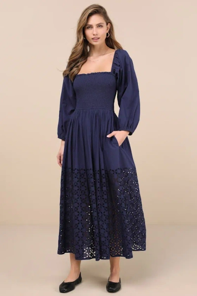 Lulus Yarella Dark Blue Smocked Midi Dress