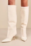 LULUS YETTY CREAM FAUX FUR POINTED-TOE KNEE-HIGH BOOTS