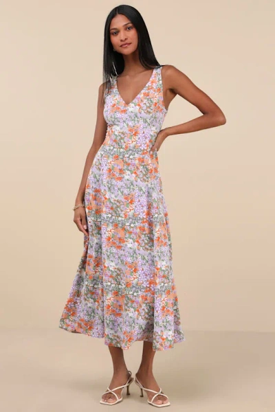 Lulus Your Only Darling Lavender Floral Print Sleeveless Midi Dress In Purple