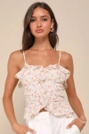 Lulus Your Sunny Sweetie Ivory Floral Ruffled Peplum Cami Top In Ivory