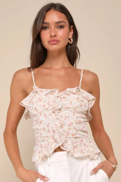 Lulus Your Sunny Sweetie Ivory Floral Ruffled Peplum Cami Top