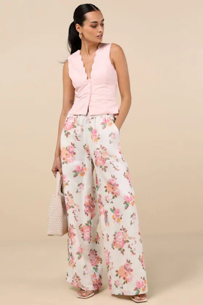 Lulus Zerina White And Pink Floral Print Wide-leg Pants