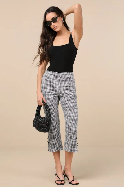 Lulus Zinni Black And White Gingham Embroidered Capri Pants
